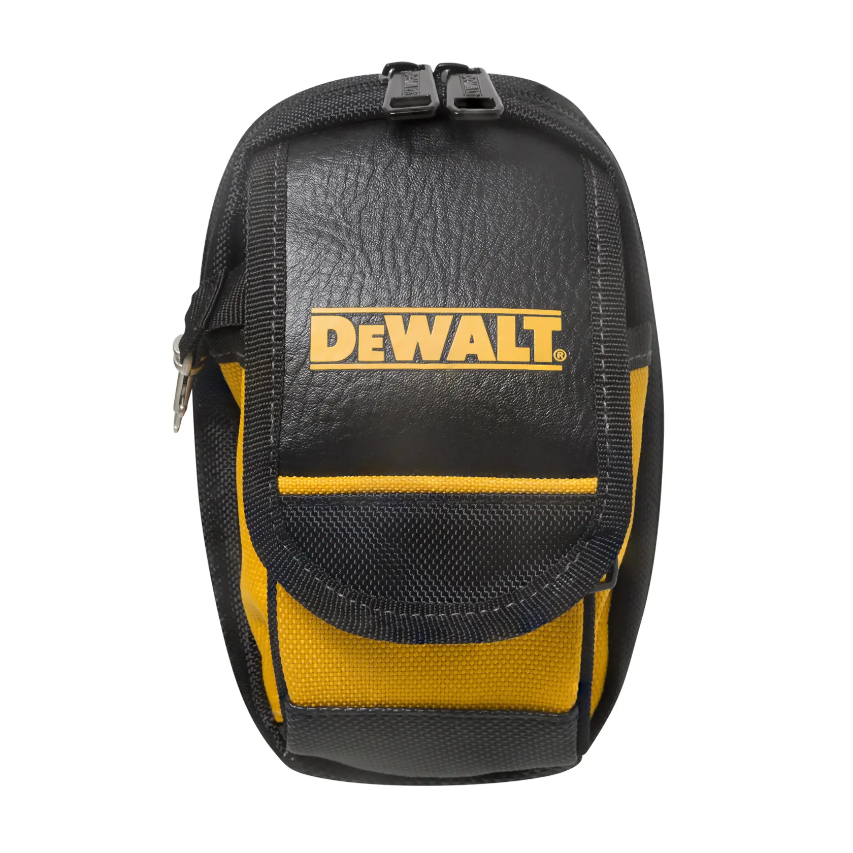 Una bolsa de transporte negra y amarilla con la marca DEWALT, con cierre superior y bolsillo frontal, diseñada para organizar y proteger accesorios pequeños de fotografía.