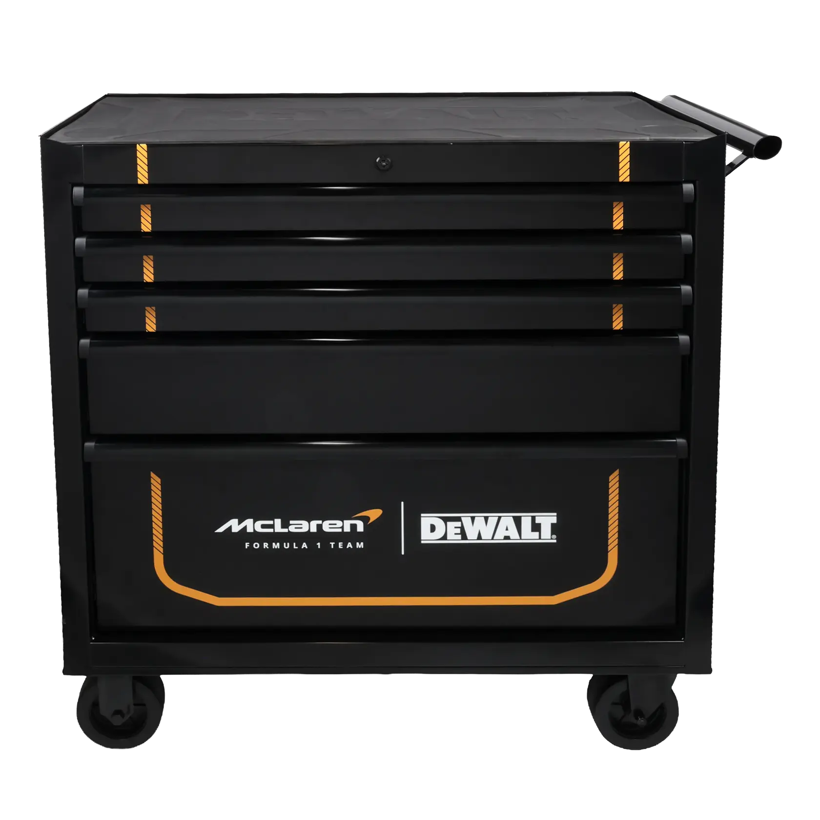 Caja de herramientas DEWALT negra con ruedas, logo McLaren y varios cajones para almacenar.